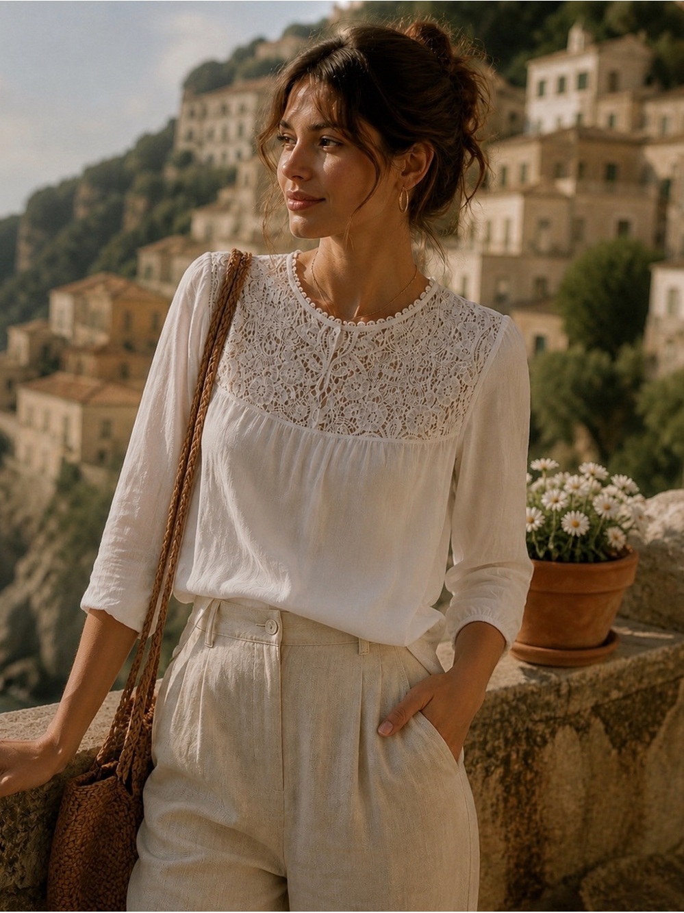 Made in Italy Silk Lace Romantic Boho Blouse White